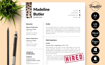 Madeline Butler - 带有 Microsoft Word 和 iWork 页面求职信的兽医简历模板