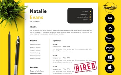Natalie Evans - Microsoft Word ve iWork Sayfaları için Kapak Mektubu ile Basit CV Özgeçmiş Şablonu
