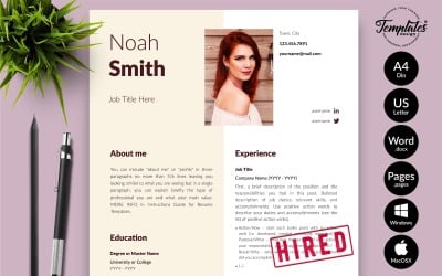 Noah Smith - 带有 Microsoft Word 和 iWork 页面的求职信的创意简历简历模板