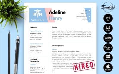 Adeline Henry - 带有 Microsoft Word 和 iWork 页面的求职信的护理简历简历模板