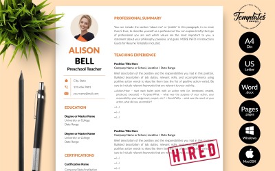 Alison Bell - CV-mall för lärare med personligt brev för Microsoft Word och iWork-sidor