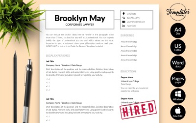 Brooklyn May - Modèle de CV d&amp;#39;avocat d&amp;#39;entreprise avec lettre de motivation pour les pages Microsoft Word et iWork