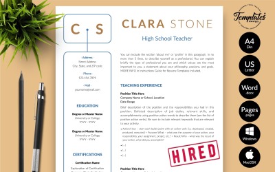Clara Stone - Plantilla de currículum vitae del profesor con carta de presentación para Microsoft Word e iWork Pages