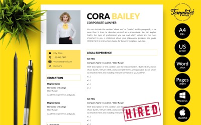 Cora Bailey - Microsoft Word ve iWork Sayfaları için Ön Yazılı Avukat Özgeçmiş Şablonu