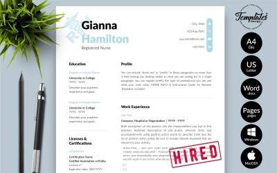 Gianna Hamilton - 带有 Microsoft Word 和 iWork 页面的求职信的护士简历简历模板