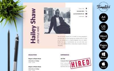 Hailey Shaw - Microsoft Word ve iWork Sayfaları için Kapak Mektubu ile Modern CV Özgeçmiş Şablonu