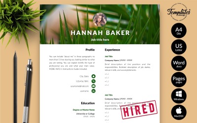 Hannah Baker – Kreatív önéletrajz-sablon motivációs levéllel Microsoft Word és iWork oldalakhoz