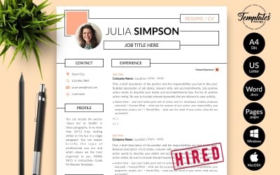 Julia Simpson - 带有 Microsoft Word 和 iWork 页面求职信的创意简历模板