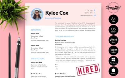 Kylie Cox - Modèle de CV d&amp;#39;enseignant avec lettre de motivation pour les pages Microsoft Word et iWork