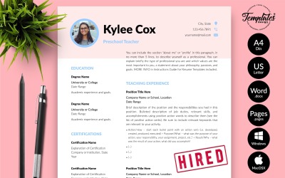 Kylie Cox - Teacher CV Resume Template with Cover Letter for Microsoft Word &amp;amp; iWork Pages