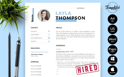 Layla Thompson - 带有 Microsoft Word 和 iWork 页面求职信的简单简历模板