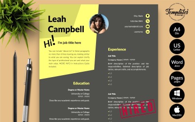 Leah Campbell - Microsoft Word ve iWork Sayfaları için Kapak Mektubu ile Modern CV Özgeçmiş Şablonu