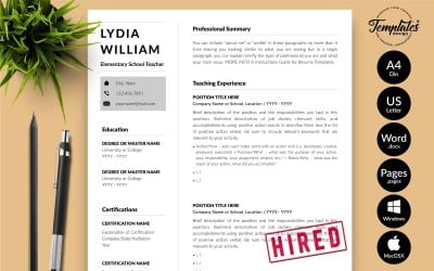 Лидия Уильям - шаблон резюме учителя с сопроводительным письмом для Microsoft Word и iWork Pages