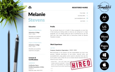 Melanie Stevens - CV-sjabloon voor verpleegkundigen met sollicitatiebrief voor Microsoft Word- en iWork-pagina&amp;#39;s