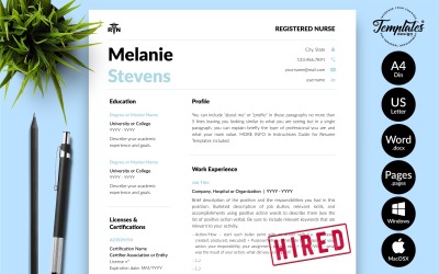 Melanie Stevens - Microsoft Word ve iWork Sayfaları için Ön Yazılı Hemşire Özgeçmiş Şablonu