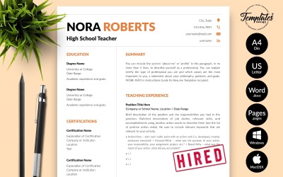 Nora Roberts - Modelo de currículo do professor com carta de apresentação para Microsoft Word e iWork Pages
