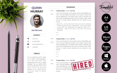 Quinn Murray - Microsoft Word ve iWork Sayfaları için Kapak Mektubu ile Modern CV Özgeçmiş Şablonu