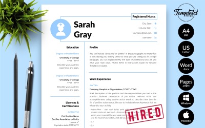 Sarah Gray - 带有 Microsoft Word 和 iWork 页面的求职信的护士简历简历模板
