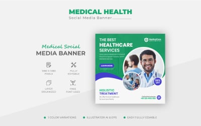 Folheto do médico limpo, médico e de saúde, pós-banner promocional nas redes sociais