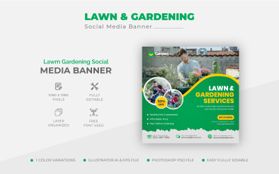 Modello di post e banner per social media per il servizio di cura del giardino del prato