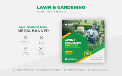 Modello di post sui social media per il servizio di cura del paesaggio o del giardino con prato astratto pulito