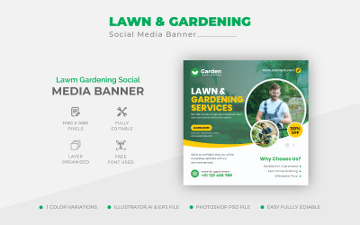 Serviço de manutenção de jardins de gramado limpo e elegante Postagem em mídia social e modelo de banner na web