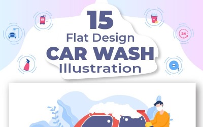 15 Biltvätt Service Platt Design illustration