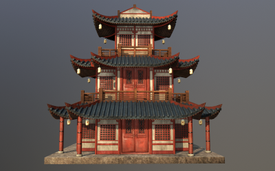 Asiatisk japansk och kinesisk realistisk byggnad 3D-modell