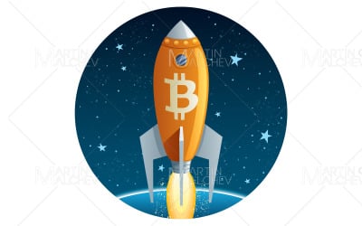 Bitcoin Rocket in Space Vector Illustration