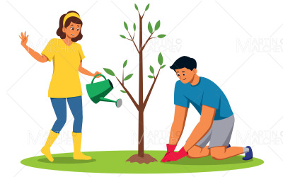 couple, plantation arbre, vecteur, illustration