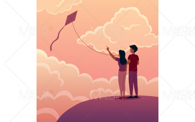 Launching Kite Together Vector Illustration