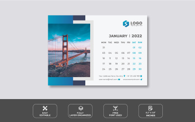Niebieski nowoczesny szablon kalendarza na biurko 2022