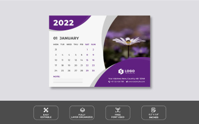 Šablona návrhu fialového stolního kalendáře 2022
