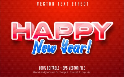 Bonne année - effet de texte modifiable, style de police de dessin animé rouge et bleu, illustration graphique