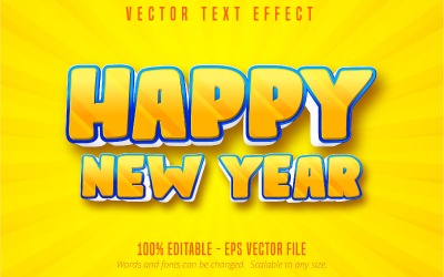 Feliz año nuevo: efecto de texto editable, estilo de fuente de color amarillo de dibujos animados, ilustración gráfica