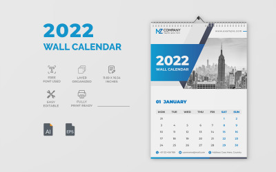 Blå 2022 designmall för väggkalender