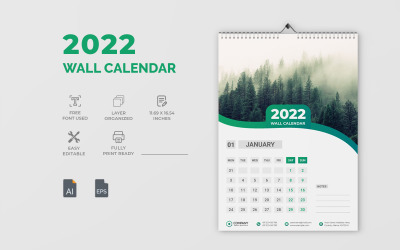 Šablona návrhu zeleného nástěnného kalendáře 2022