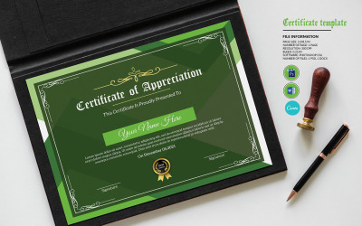 Certificaatsjabloon voor groene waardering. Canva, MS Word en Photoshop-sjabloon