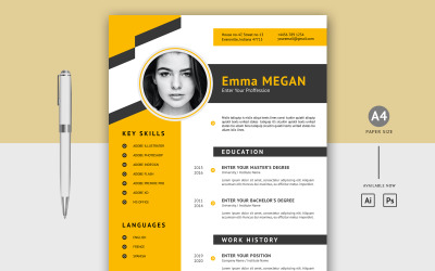 Emma Megan – fekete-sárga kreatív nyomtatható önéletrajzsablon