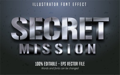 Hemligt uppdrag - redigerbar texteffekt, metallisk silvertextstil, grafikillustration