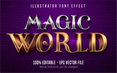 Magic World: efecto de texto editable, estilo de texto dorado y plateado, ilustración gráfica