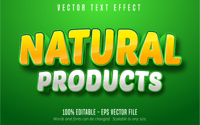 Productos naturales: efecto de texto editable, estilo de texto de cómic y dibujos animados, ilustración gráfica