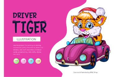 Tecknad Tiger på bil. T-shirt, PNG, SVG.