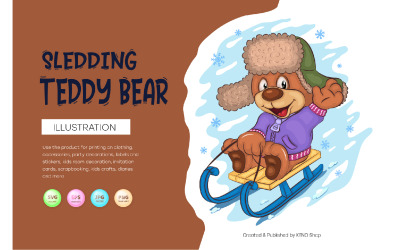 Rajzfilm Teddy Bear szánkózás. Póló, PNG, SVG.