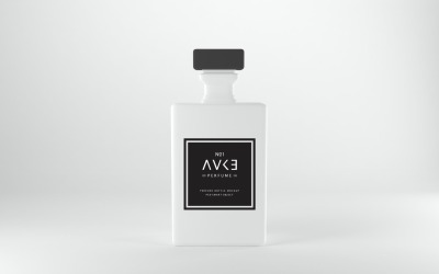 Render 3D de una maqueta de botella de perfume y caja aislada sobre fondo gris