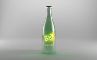Rendering 3D di una bottiglia verde opaca con gocce d&amp;#39;acqua sulla superficie sullo sfondo chiaro