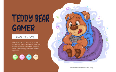 Teddy Bear Gamer tecknad. T-shirt, PNG, SVG.