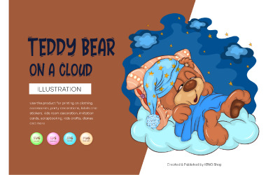 Urso de pelúcia dos desenhos animados em uma nuvem. Camiseta, PNG, SVG.