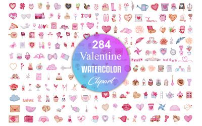 Valentine Akwarela Clipart Bundle, Valentine Akwarela Ilustracja Zestaw