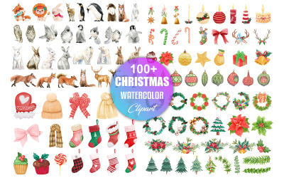 Watercolor Christmas Elements, Watercolor Christmas Clipart, Christmas Collection Illustration